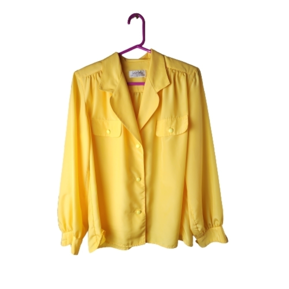 Vintage Lilly Ann Yellow Button Down Satin Blouse Size Medium